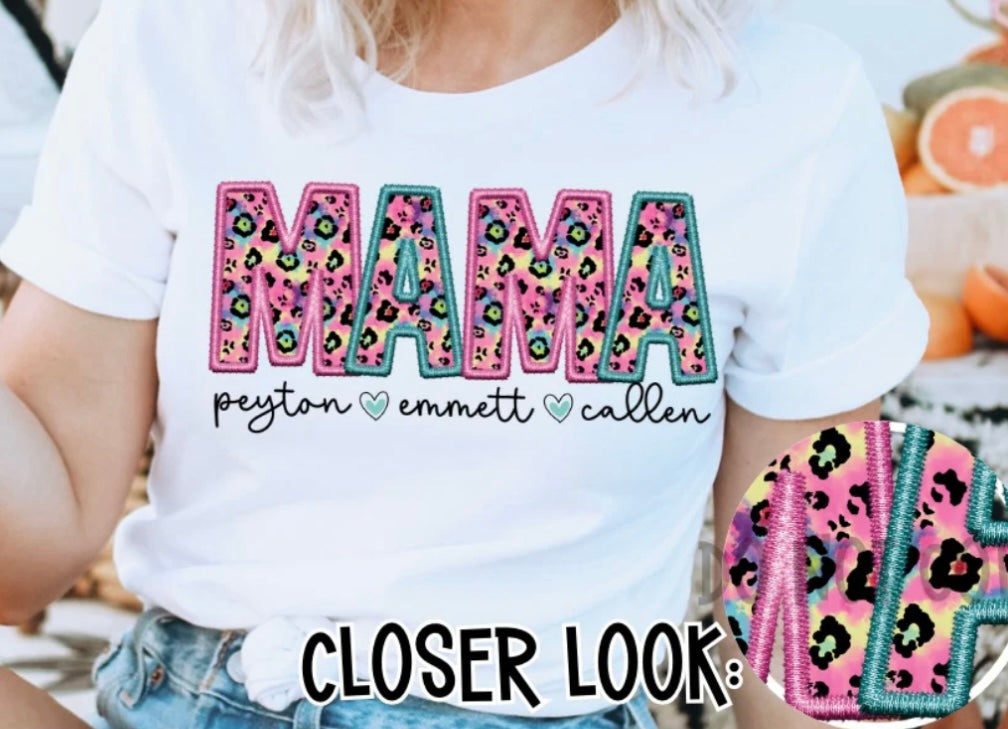 Faux Embroidery Wild Leopard Mama With Kids Names